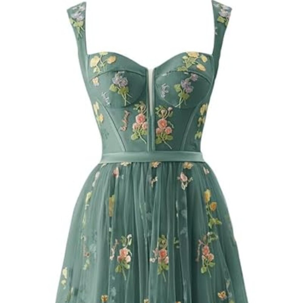 Women's Flower Embroidery Tulle Corset Dress Long